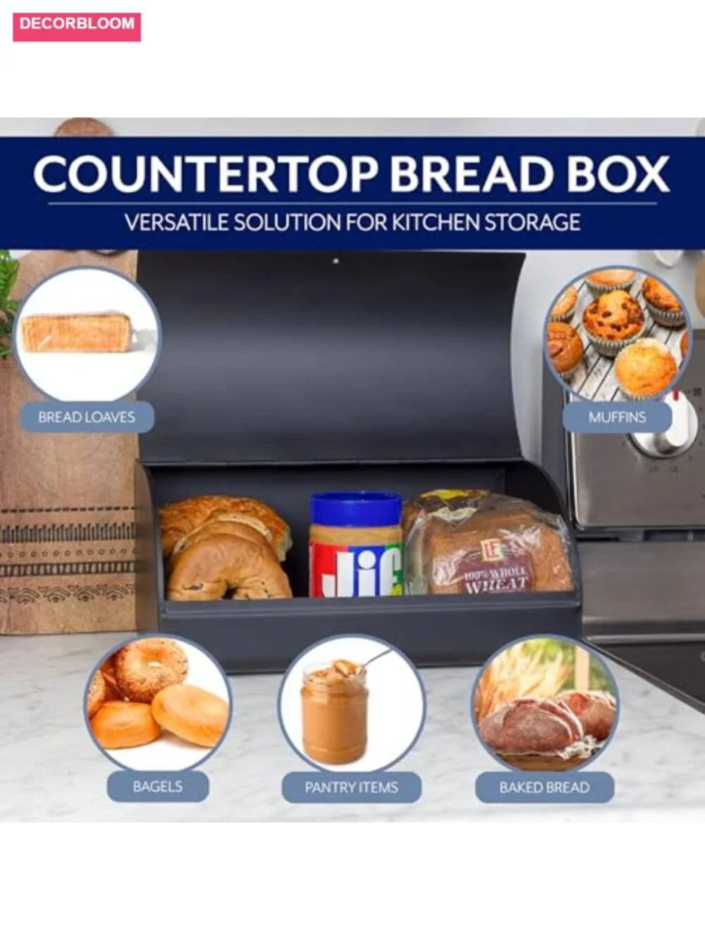 Farmhouse Enamel Bread Box with Roll-Top Lid Metal Countertop Storage Bin